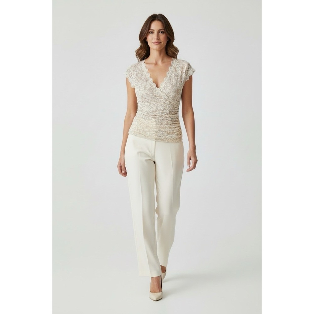 Y2K Lace Stretch Top Ivory White Ruched V-neck Surplice‎ Fairy Romantic XL Large